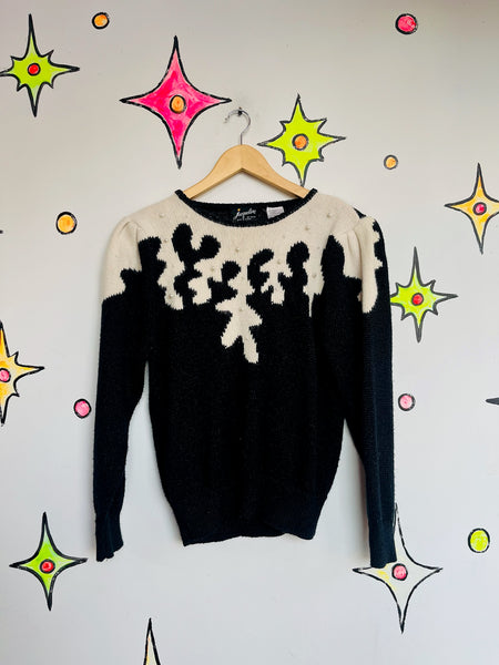 Vintage 80s Black Fuzzy Sweater Beaded Pearls | Whimsy Goth Cute Pullover M
