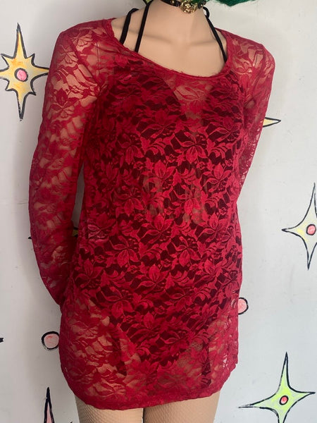 Red Lace Romantic Vampire Top Whimsigoth Sirencore Y2K Fitted Blouse M