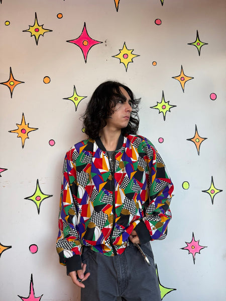 80s 90s Scarf Print Bomber Jacket Maximalist Rainbow Avant Garde Jacket XL
