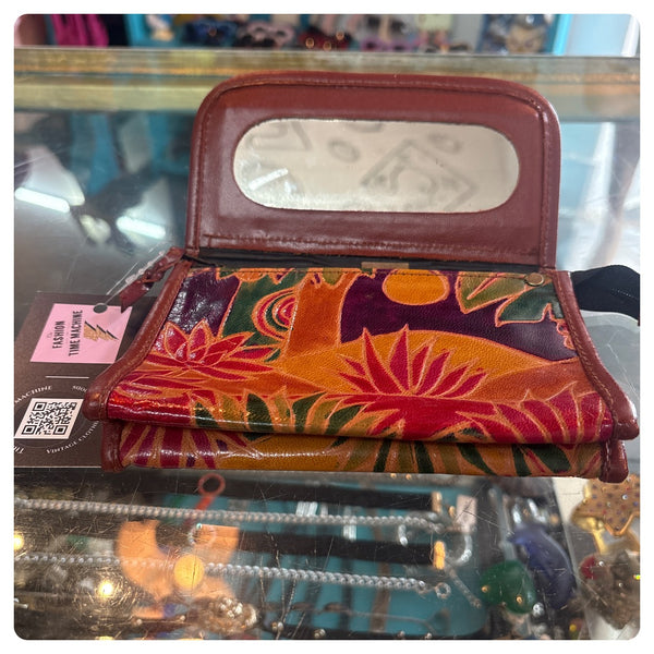 90s Hand-Tooled Rainbow Cat Print Patent Leather Clutch Folk Art Cottagecore