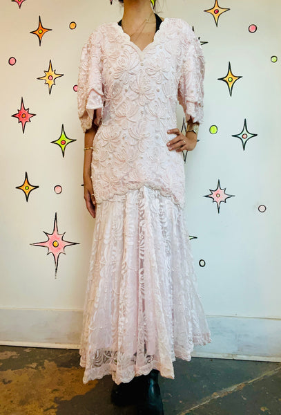 Vintage 80s Pink Pearl Beaded Lace Formal Gown Victorian Pastel Princess Dress M