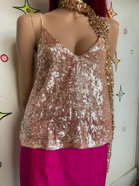 Vintage 90s Free People Sparkly Iridescent Fully Beaded Sequin Fairy Cami Top M