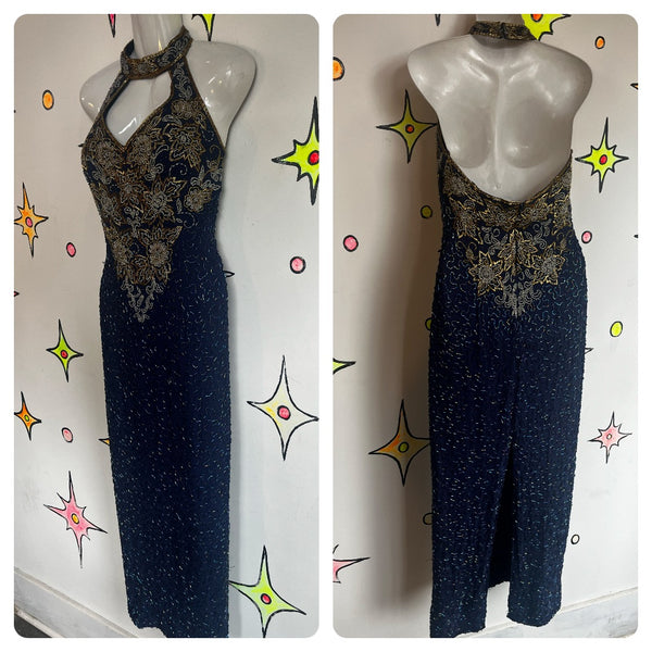 Vintage 80s 90s | Blue and Gold Fully Beaded Sequin SilkHalter Formal Dress | 12