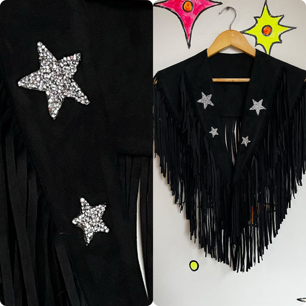 Retro Western Embellished Black Faux Suede Fringe Collar