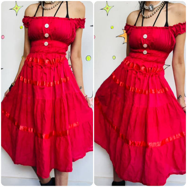 Vintage Red Off-Shoulder Boho Pirate Clown Dress – Flowy Cotton – Small
