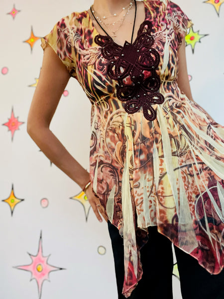 Vintage Y2K Affliction-Style Boho Grunge Fairy Tattoo Tee Crochet Embellished S