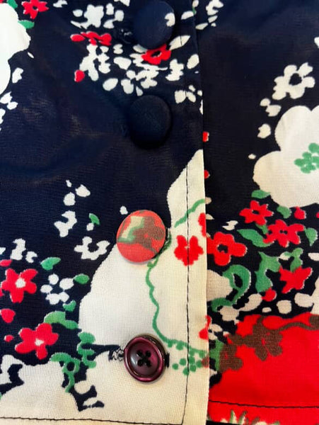 Groovy 60s/70s Navy Floral Crop Top Bolero - Long Sleeve Vintage Charm
