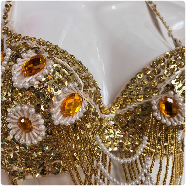 Vintage Gold Beaded Boho Hippie Gypsy Bellydancer Selena Seqin Bustier Bra Top
