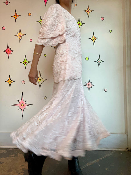 Vintage 80s Pink Pearl Beaded Lace Formal Gown Victorian Pastel Princess Dress M