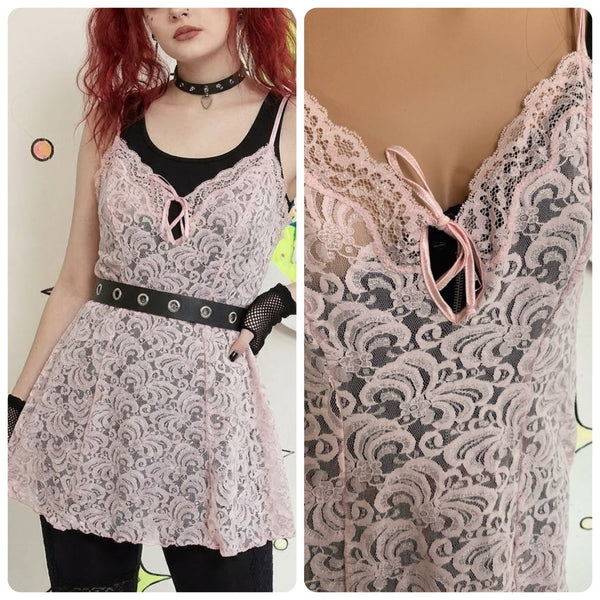 90s Y2K Pink Lace Slip Dress Fairy Grunge Coquette Balletcore Lingerie Mini - L