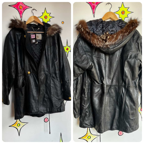 Vintage 80s 90s Black Leather Trench Coat | Goth Grunge Hooded w/ Fur Trim | S