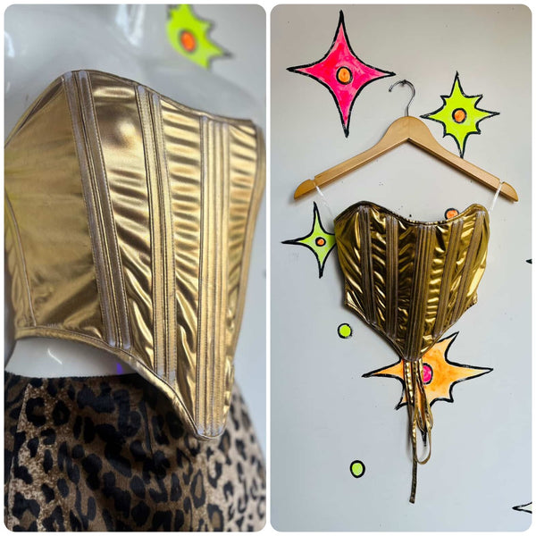 Y2K Distressed Metallic Gold Bustier Corset Regal Grunge Fairy Goddess Top - M