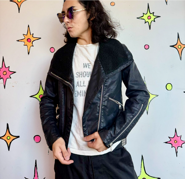 Y2K Vegan Leather Moto Jacket Black Goth Grunge Biker Glam Rocker Cropped M