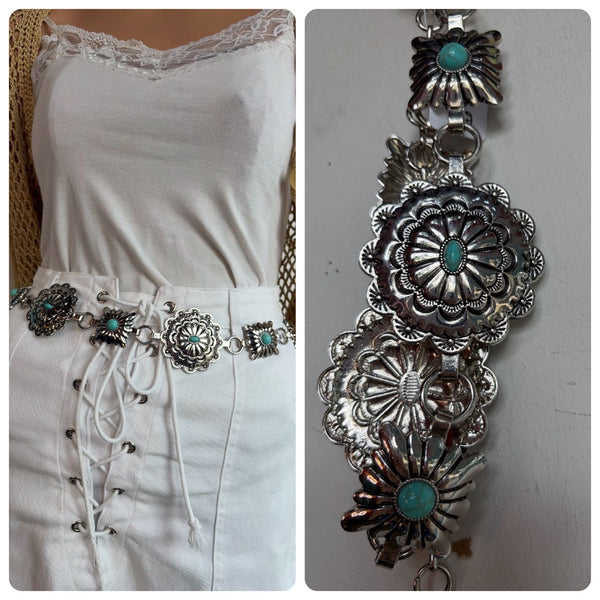 Silver Tone Concho Belt Western Boho Glam Heavy Texture Faux Turquoise | OS