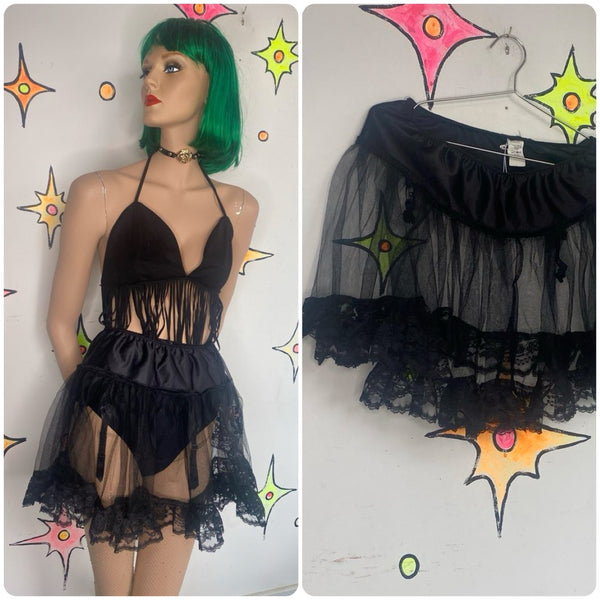 Black Tulle Mini Skirt Crinoline Goth Victorian Balletcore Tutu Skirt M