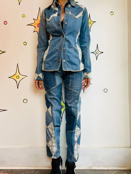 1970s Antonio Guiseppe Patchwork Denim Jacket & Pants Set – Rare Vintage - Small