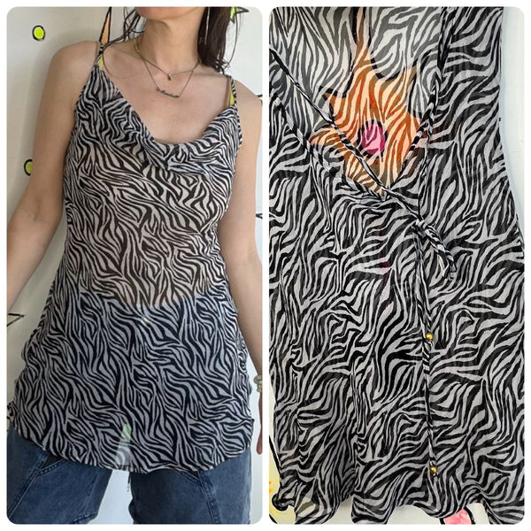 Y2K Zebra Print Sheer Slip Dress | Indie Sleaze Glam Boho Mini Dress SM