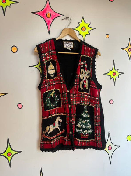 Vintage 80s 90s Plaid Patchwork Embellished Ugly Christmas Sweater Vest | M