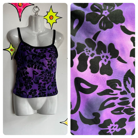 Vintage 90s | Purple Hawaiian Cami Swimsuit Crop Top | Size 10