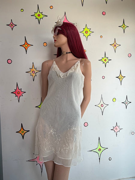 90s White Ruffle Lace Chiffon Silk Blend Slip Dress Soft Grunge Babydoll M