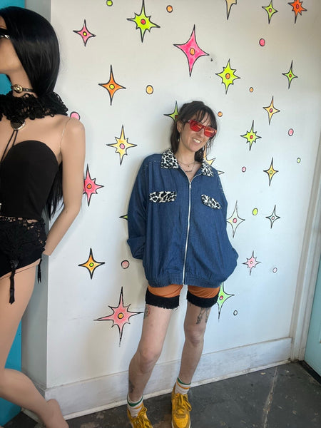 80s Denim Jacket with Leopard Trim | Boho Grunge Studded Jean Jacket – L