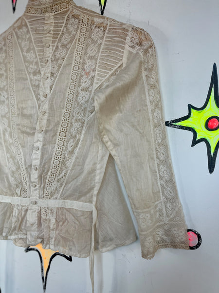 Antique 1900s Off White Sheer Lace Romantic Babydoll Steampunk Top Blouse XS