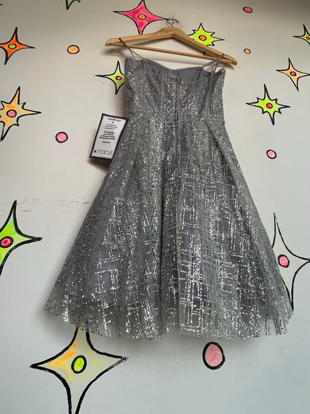 90s Blondie Nites Strapless Silver Glitter Cupcake Prom Dress Y2K Fit & Flare XS