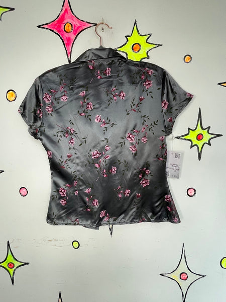 Vintage 90s Satin Floral Button Up Shirt Silver and Purple Fairy Grunge Blouse M
