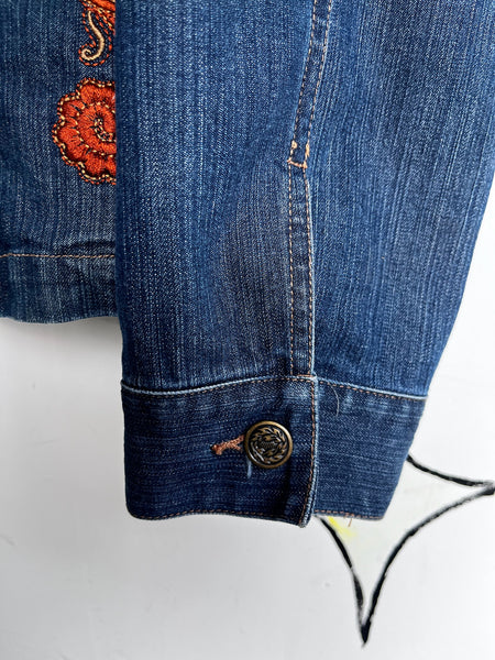 Vintage 90s Y2K Floral Embellished Denim Jacket Boho Fairy Grunge Jean Jacket L