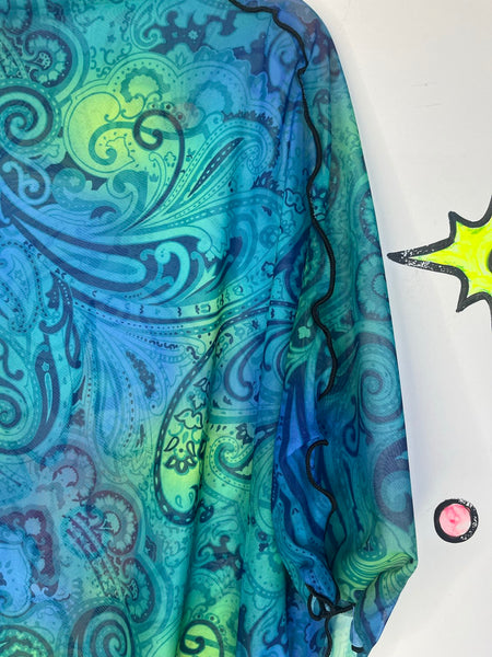 Y2K Teal Mesh Paisley Festival Poncho - Fairycore Whimsy Grunge - Free Size