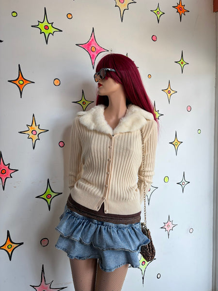 Vintage 90s Ann Taylor Off-White Cashmere Fur Trim Cardigan Coquette Glam S