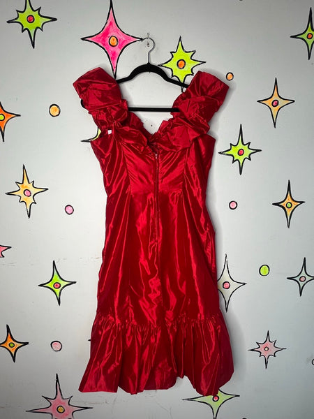 Vintage 80s Shiny Red Poofy Party Dress Prom Wild Glam New Wave Formal M