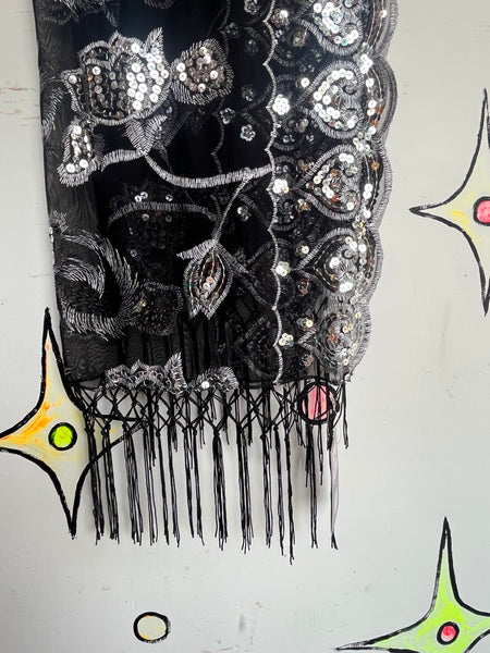 Vintage Black & Red Velvet Fringe Shawl Western Boho Flapper Witchy Goth Scarf