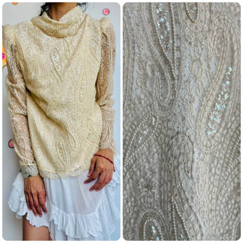 Vintage Off-White Lace Beaded Victorian Revival Top – Sheer Sleeves –10