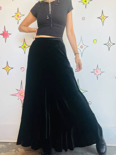 Vintage Y2K Black Velvet Maxi Skirt | Fairy Grunge Whimsy Goth | Size 4
