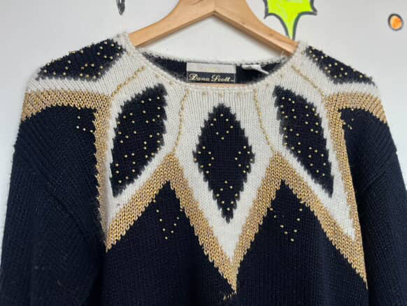 Vintage 80s Black Angora Sweater Fuzzy Angora Beaded Pullover - Dana Scott - L