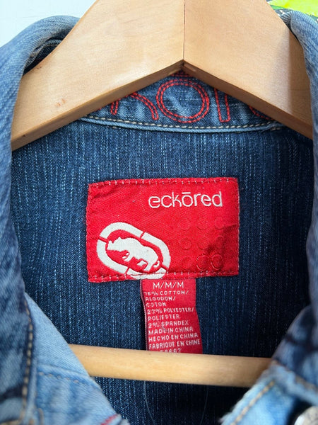 Vintage Y2K Ecko Denim Jacket Lightwash Distressed Embroidered Cyber Grunge M