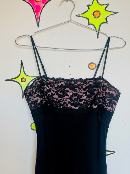 Vintage 90s Y2K Black Fairy Grunge Goth Babydoll Slip Dress w/ Pink & Lace – S