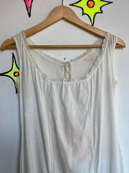 Antique Early 1900s Edwardian Cotton Lace Slip Dress Chemise Corset Cover | S/M