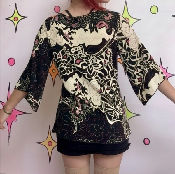 Y2K Studio Tattoo Print Bell Sleeve Stretchy Top Fairy Grunge Whimsy Goth M