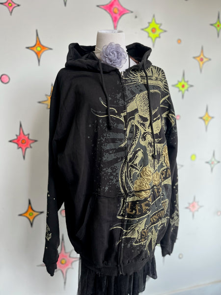 Vintage Y2K Black Mall Goth Grunge Fairy Tattoo Print Affliction Style Hoodie XL+