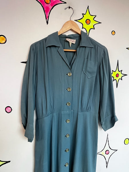 1940s Blue Secretary Dress True Vintage Boho Grunge - Historical Fashion - M L