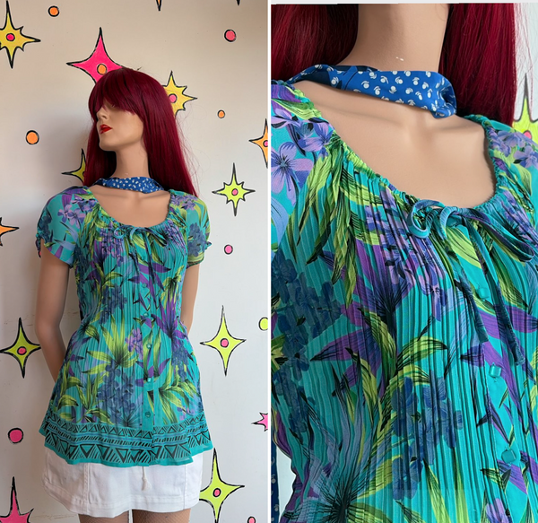 Y2K Neon Hawaiian Tank Top Miami Maximalist Fairy Grunge Cyber Y2K Pleated Top L
