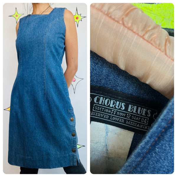 Vintage 90s Denim Overall Dress | Grunge Fruits Streetstyle Emo Mini Dress | 8