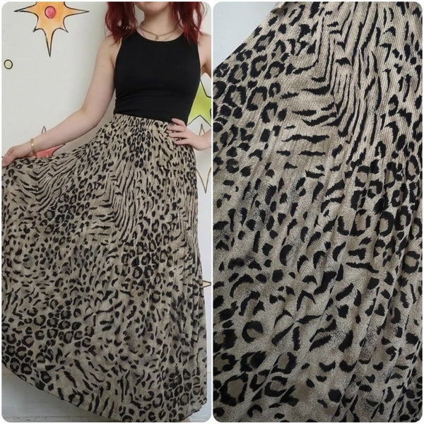 Boho Flowy 90s Vintage Leopard Print Maxi Skirt Whimsy Grunge - Small