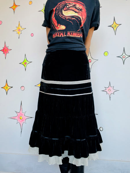Vintage Y2K Black Velvet with Lace Tiered Midi Skirt - Fairy Grunge Whimsy Goth - Size S
