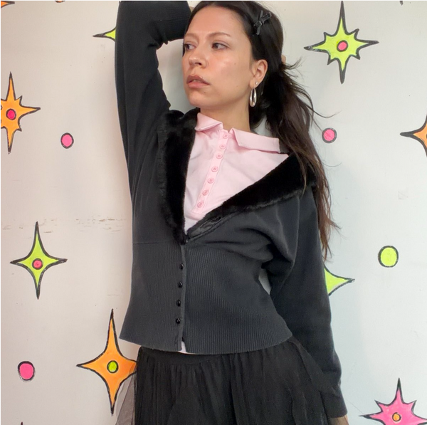 90s Black Faux Fur Trim Cardigan Goth Grunge Glam Cropped Sweater - Large