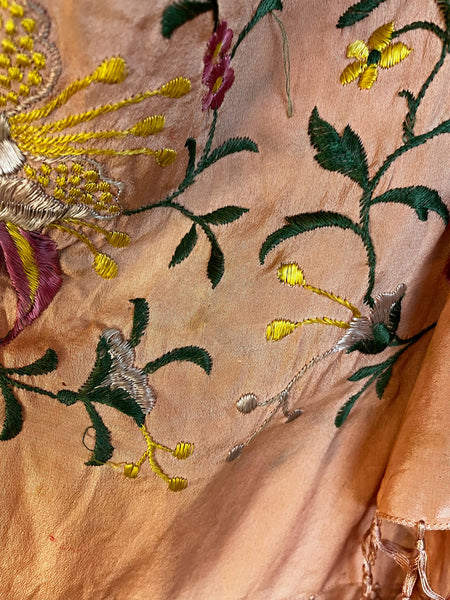 Antique Silk Piano Shawl Boho Art Decor Floral Embroidered Fringe Wrap