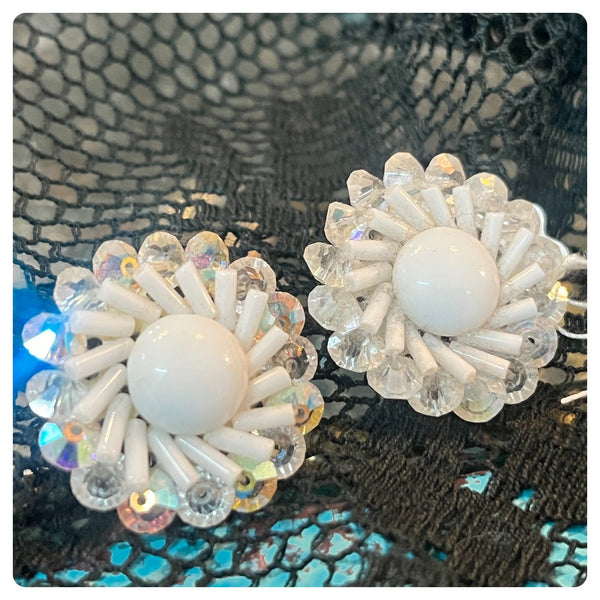 Vintage 60s | Clip On Earrings Chunky Beaded White Flower Shaped | Fairy Grunge