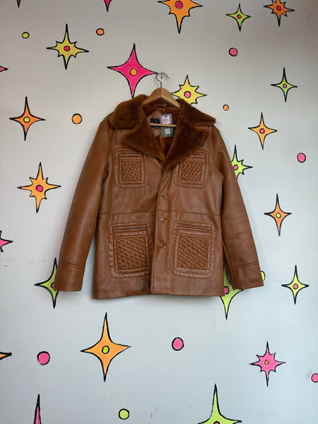 Vintage 70s Vinyl Sherpa Coat Faux Fur Penny Lane Jacket Boho Hippie Retro XL